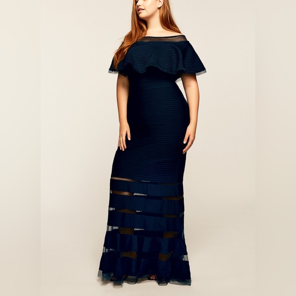 Tadashi Shoji Dresses & Skirts - Tadashi Shoji Navy Blue Ruffle Pintuck Maxi Party‎ Bodycon Stretchable Sz XS